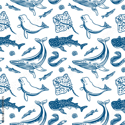 Sea animals seamless pattern. Hand drawn line art illustration of a whale, dolphin, shark, stingray and fish. Vector clip art for wrapping paper, fabric and cards.