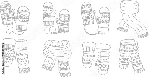 Handdrawn outline of winter accessories mittens, gloves, and scarves in various designs for coloring books or patterns
