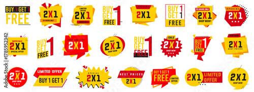 Buy 1 and get 2 promotion label collection. Sale, discount, shopping tag badges. Promotion label for shopping