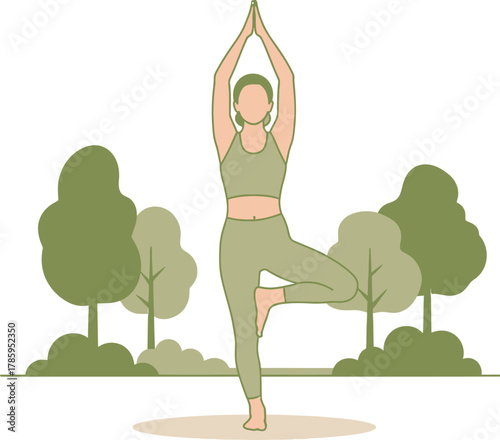 A woman practices yoga in a park, standing in tree pose with hands raised above her head, surrounded by trees, promoting wellness and mindfulness