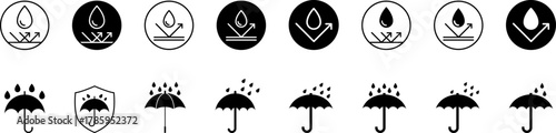 Waterproof icons. Water Proof sign collection. Water resistant symbol. Water protection icon with shield. Vector, PNG, jpeg. Keep dry. Open umbrella with water droplets icons set Water drop protection
