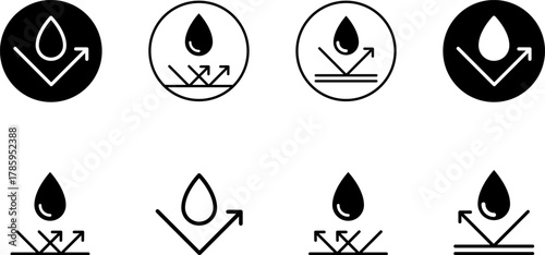 Waterproof icons. Water Proof sign collection. Water resistant symbol. Water protection icon with shield. Vector, PNG, jpeg. Keep dry. Open umbrella with water droplets icons set Water drop protection