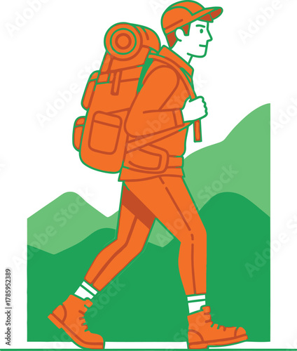 A man hikes through the mountains with a large backpack, enjoying the outdoors and exploring nature