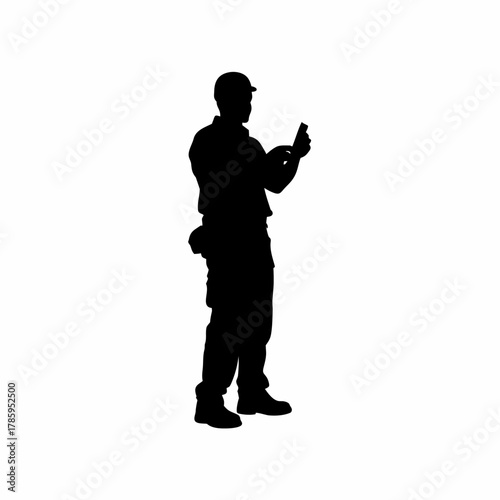 Silhouette of inspector scanning id tags of factory workers isolated on white background
