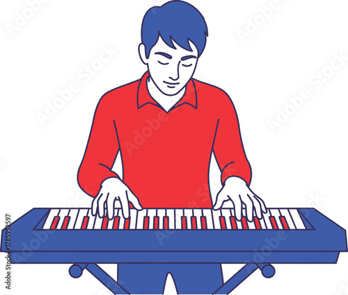 A musician with blue hair plays a keyboard with concentration, wearing a red shirt