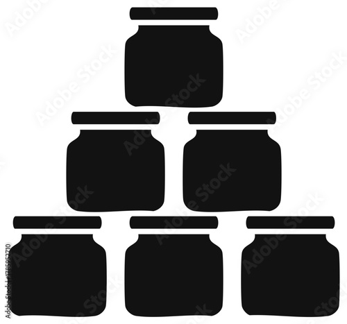 Pyramid stack of six black preserve jars. Simple container silhouette icon for food storage or canning.