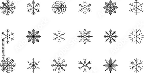 Snowflake snow freeze winter thin line outline icon. Snowflake icon. Keep frozen. Snowflake marking. Keep below zero. Air conditioner. Snowflakes thin line icon set. Vector PNG or Jpeg