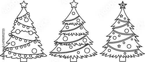 Three christmas trees with ornaments, perfect for coloring books, cards, or any holiday themed creative project