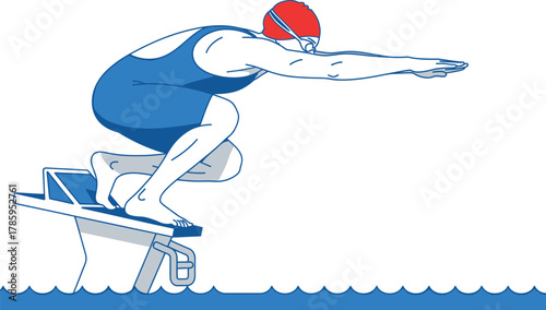 A swimmer in a blue swimsuit prepares to dive from a starting block, ready for competition