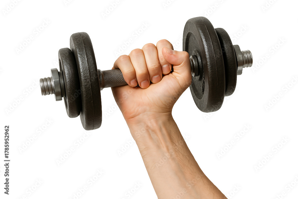 Fototapeta premium Hand gripping dumbbell isolated on white. Gym and sport concept.
