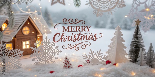 Enchanting snowy village scene with merry christmas greeting and twinkling lights creating a festive holiday atmosphere