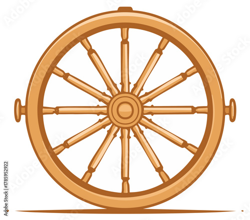 Wooden cart wheel illustration with spokes, hub, and rim, depicting rustic transport, heritage, and vintage craftsmanship in graphic design.