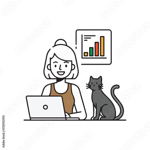 Woman working on laptop with cat and chart isolated on white background