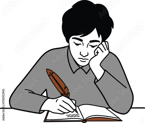 A young writer is deeply engrossed in writing in his notebook with a quill pen, capturing his thoughts and ideas on paper
