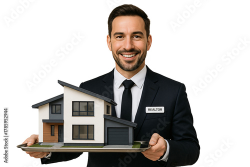 Smiling real estate agent holding house model. Property sale concept.