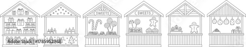 Illustration of a row of festive market stalls, each with a different theme and goods display
