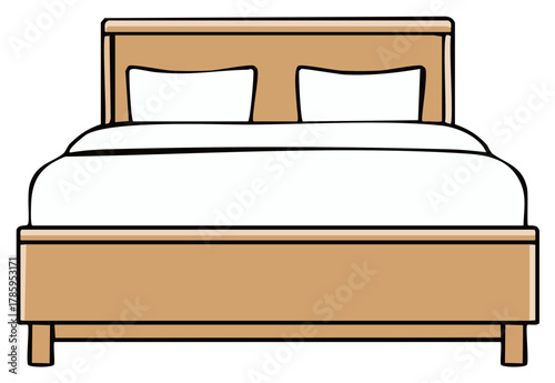 Simple Cartoon Illustration of a Double Bed with a Wooden Frame