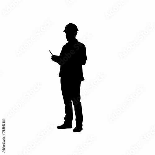 Safety officer silhouette noting issues during inspection round isolated on white background
