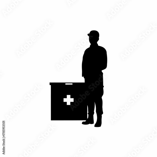 Silhouette of safety officer at first aid station isolated on white background