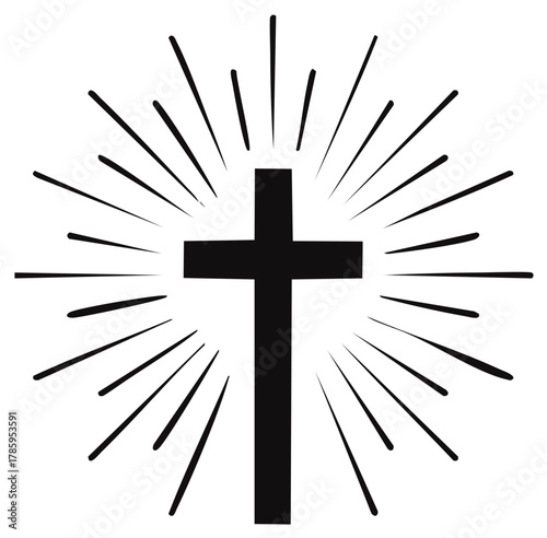 A simple Christian cross silhouette with radiating light beams symbolizing faith and divine glory