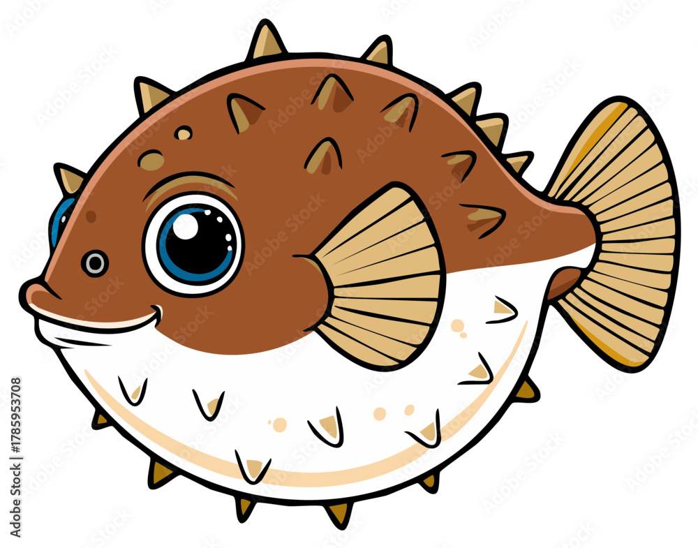 Obraz premium Cheerful Cartoon Pufferfish with Spikes, Big Eyes, and a Friendly Smile, Isolated on White Background