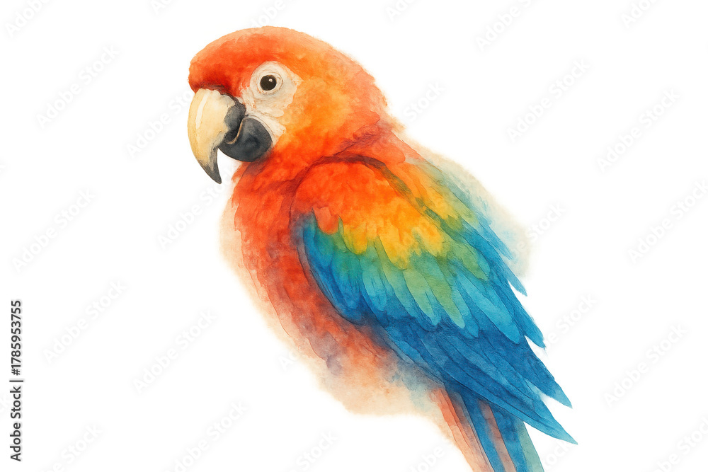 Obraz premium Colorful scarlet macaw illustration watercolor painting with vibrant feathers, playful tropical bird artwork, transparent background