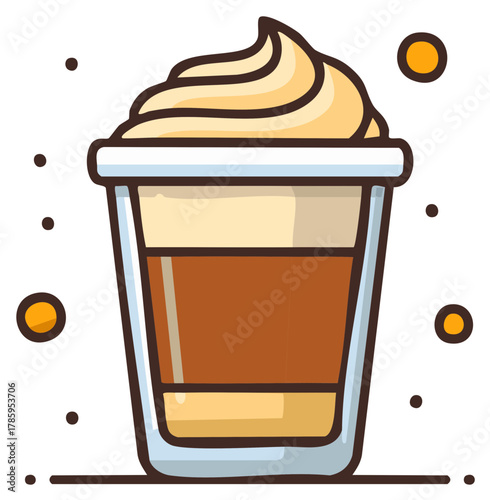 Stylized illustration of a layered coffee drink with whipped cream and coffee beans