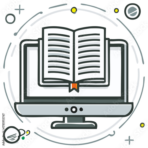 Online education and e-learning concept with open book on a computer monitor screen vector illustration