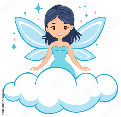 Cute Cartoon Fairy Character Sitting on Cloud, Fantasy Creature with Wings and Stars