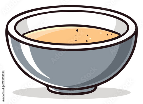 Illustration of a bowl of soup with black dots, cartoon style, isolated