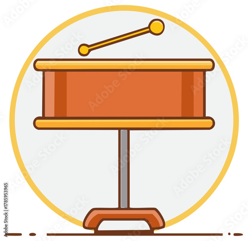 Cartoon drum with stick on stand within yellow circle