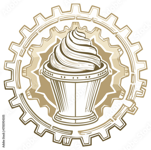Vintage mechanical cupcake dessert illustration with whipped cream frosting inside a decorative gear