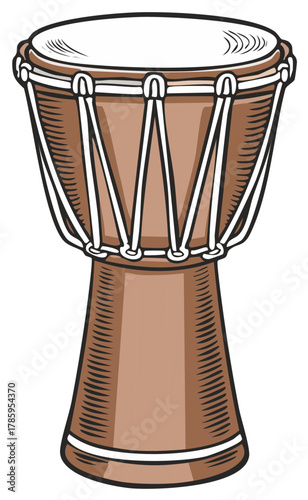 A djembe drum illustration with brown wood and white rope stands ready to play a rhythm of cultural significance