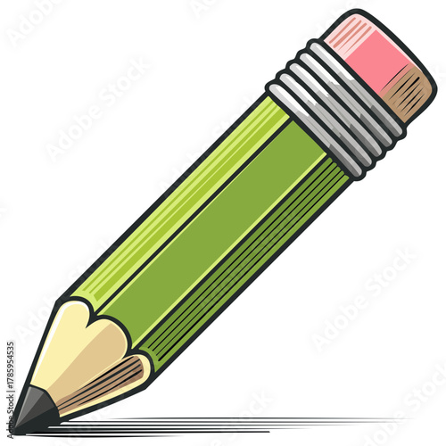Green pencil illustration with pink eraser and sharp point. Education and drawing concept.