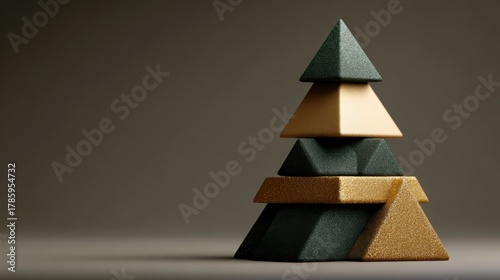 Geometric stack of pyramids in varying textures and colors including black, gold, and beige. The pyramid shapes are artistically arranged, creating an abstract and modern composition