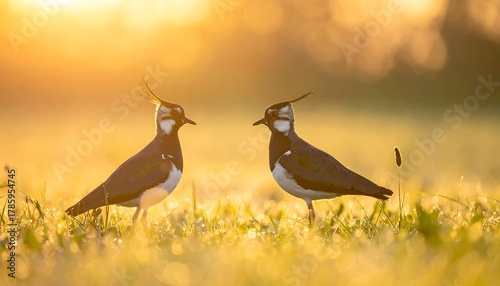 Two birds stand facing each other on a grassy meadow bathed in golden sunlight, with soft focus bokeh