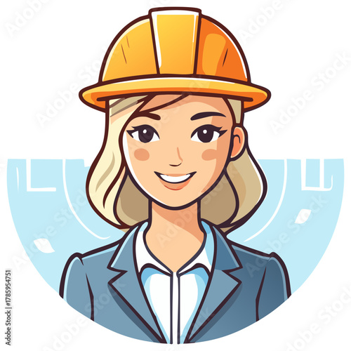 Smiling female engineer wearing a yellow hard hat and professional suit
