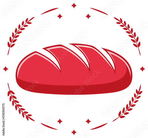 Red artisan loaf of bread with scoring, framed by laurel branches and starbursts