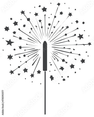 Celebration sparkler with exploding stars and sparks, festive monochrome icon