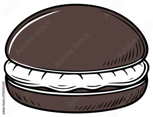 Illustrated chocolate cookie sandwich with creamy filling