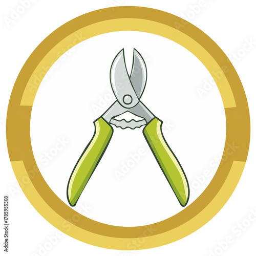 Gardening tool secateurs with green handles inside a golden circle on white background