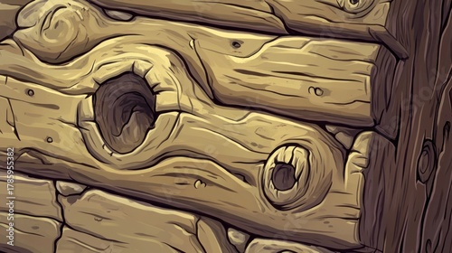 Fototapeta Naklejka Na Ścianę i Meble -  Detailed close-up of weathered wooden planks with holes and knots