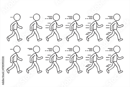 Minimal line vector of stickman walking jogging and running animation frames