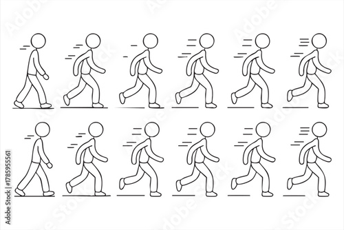 Stick figure motion cycle illustration showing walking to running sequence