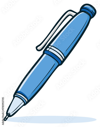 Illustration of a blue ballpoint pen with a silver clip, design for a tool with an ink reservoir used for writing