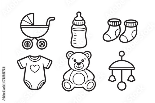 Minimalist black and white baby item illustration with stroller and teddy bear