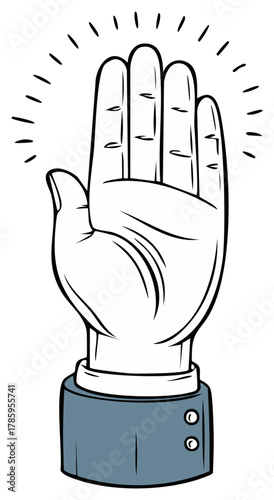 Cartoon illustration of a raised hand in a suit making a stop gesture or taking an oath