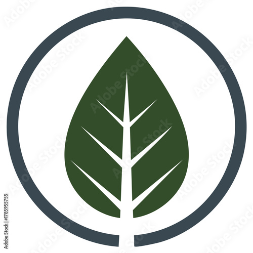 Minimalist green leaf logo with white veins inside a circular frame, symbolizing nature, growth, and environmental sustainability.
