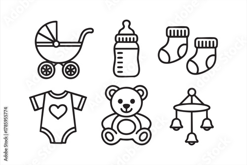 Minimal line vector of baby gear and accessories for modern parenting visuals