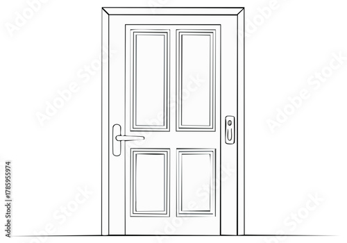 Simple line drawing of a four-panel interior door with a handle and lock mechanism
